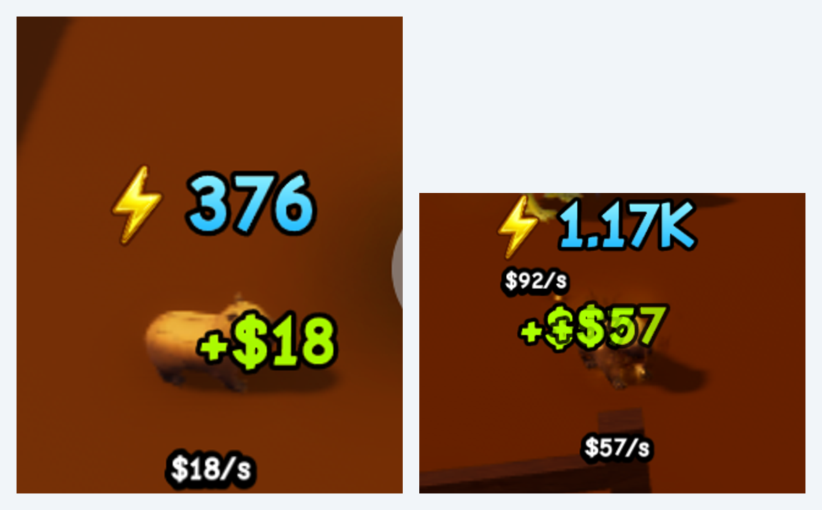 Before and after Ranch readings for the same Capybara in Ride A Pet Roblox, showing a lightning speed value of 376 with a +$18 float and $18/s before Volted, then 1.17K with a +$57 float and $57/s after; a separate $92/s label belongs to another pet in the same frame