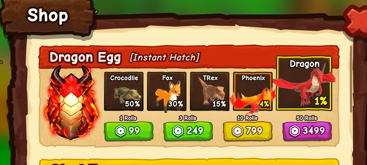 The Ride A Pet Roblox Shop Dragon Egg Instant Hatch card listing Crocodile at 50%, Fox at 30%, T Rex at 15%, Phoenix at 4%, and Dragon at 1%, with 1, 3, 10, and 50 Roll bundle prices