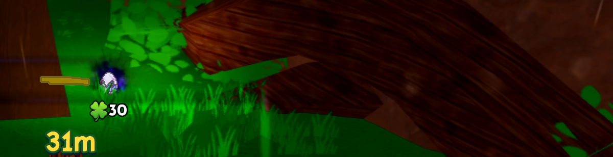 A Ride A Pet Roblox map egg sitting in the grass beside a fallen log, with 30 showing on its clover tag and the radar's yellow arrow and live 31m distance readout floating next to the log