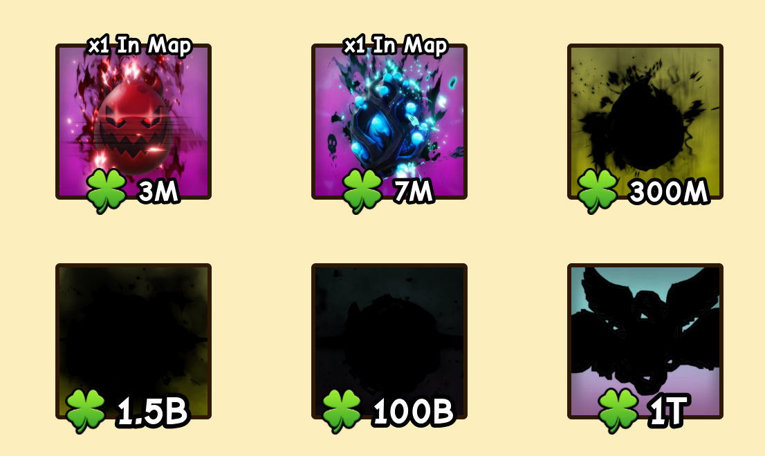 The upper end of the Ride A Pet Roblox Eggs Index, showing egg cards at 3M, 7M, 300M, 1.5B, 100B and 1T Clovers with x1 In Map labels on the top row and locked ??? cards below
