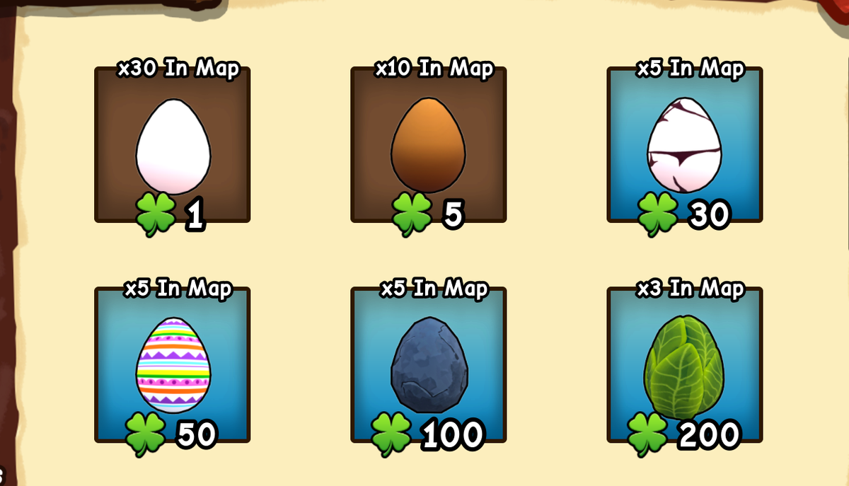 The Ride A Pet Roblox Eggs Index showing egg cards with Clover costs of 1, 5, 30, 50, 100, and 200