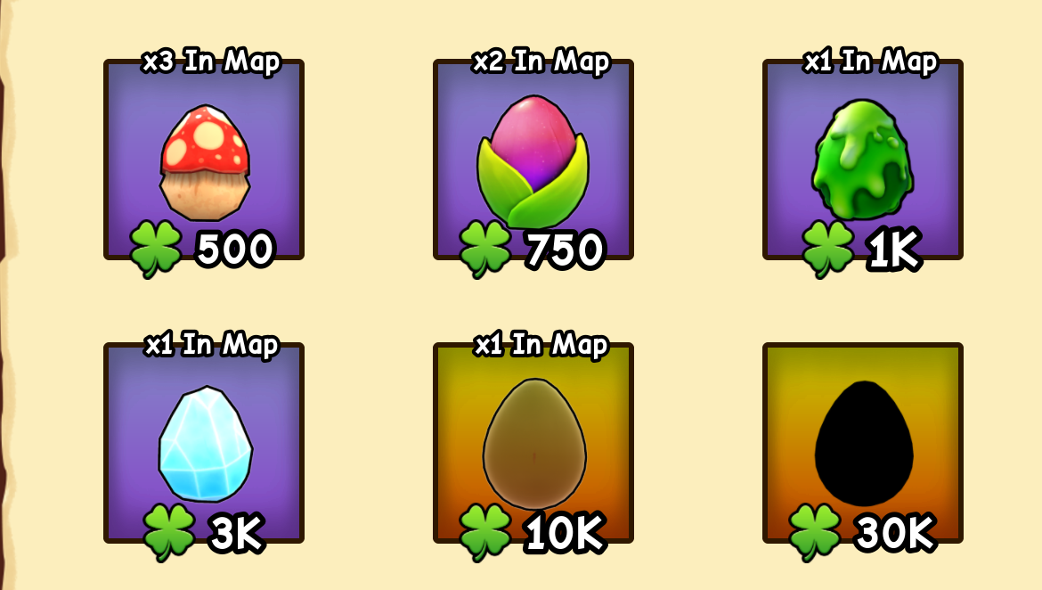Ride A Pet Roblox Eggs Index cards at 500, 750, 1K, 3K, 10K, and 30K Clovers, with In Map counts of x3, x2, x1, and x1 before the label drops off the 30K card