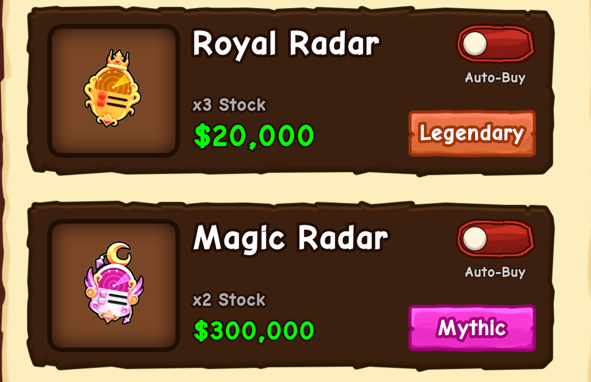 The Gears stall board in Ride A Pet Roblox listing Royal Radar at $20,000 with a Legendary badge and Magic Radar at $300,000 with a Mythic badge, each with its stock count and Auto-Buy toggle