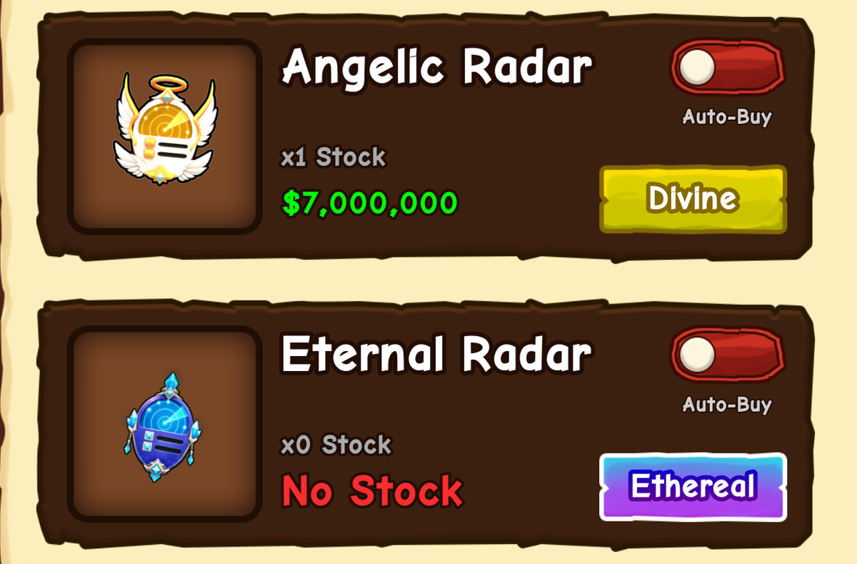 The Gears stall board in Ride A Pet Roblox showing Angelic Radar at $7,000,000 with a Divine badge and x1 stock above Eternal Radar reading No Stock with a x0 count, both with an Auto-Buy toggle