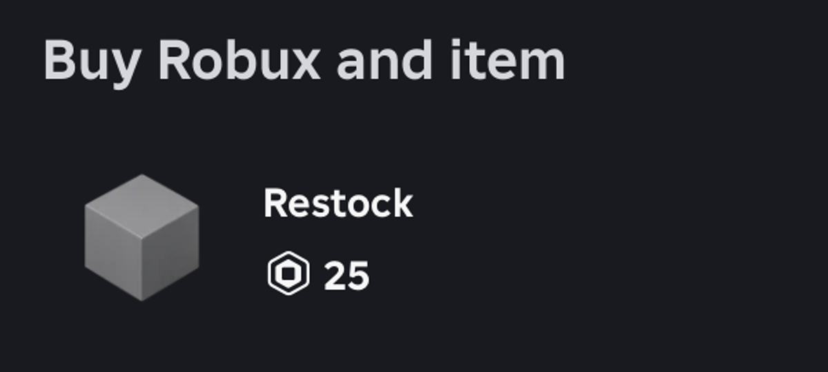 The Ride A Pet Roblox Restock purchase dialog, headed Buy Robux and item, listing the Restock item at a price of 25 Robux