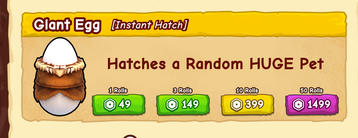 The Ride A Pet Roblox Shop Giant Egg Instant Hatch card showing the Hatches a Random HUGE Pet description and 1, 3, 10, and 50 Roll Robux bundles