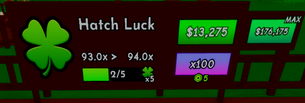 The green Hatch Luck board in Ride A Pet Roblox showing the current 93.0x value, the 2/5 progress bar with an x5 marker, and the cash upgrade buttons
