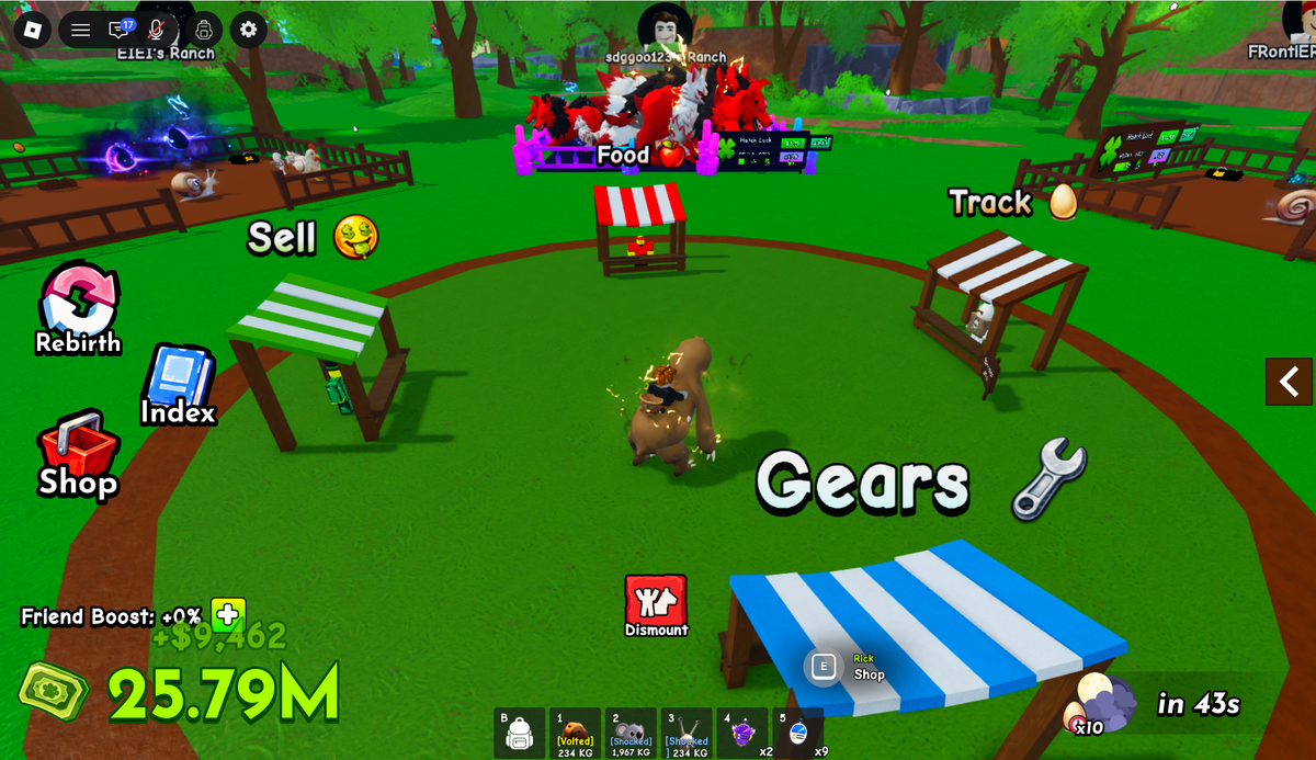 The central area of Ride A Pet Roblox in game, with the Rebirth, Index and Shop buttons down the left of the screen and the market stall row and fenced ranch plot in the same view