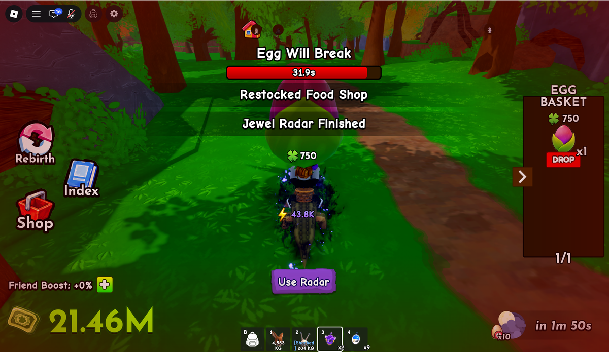 Carrying a radar egg home in Ride A Pet Roblox: the Egg Will Break countdown at 31.9s, the notices that the Food Shop restocked and that the Jewel Radar finished, and the Egg Basket panel showing a single egg tagged 750 Clovers with a 1/1 count and a DROP button