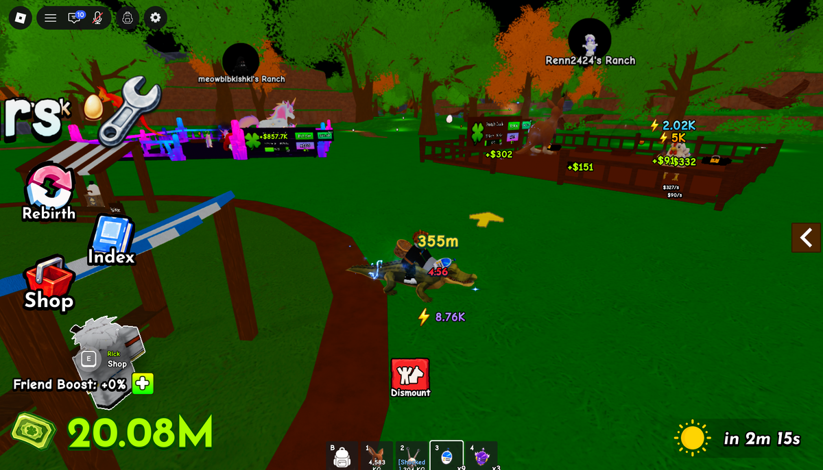 A radar hunt in Ride A Pet Roblox: the yellow waypoint arrow floating ahead of the mounted player with a live distance readout of 355m beside it, over a map with other players' ranches and their pets' cash rates in the background