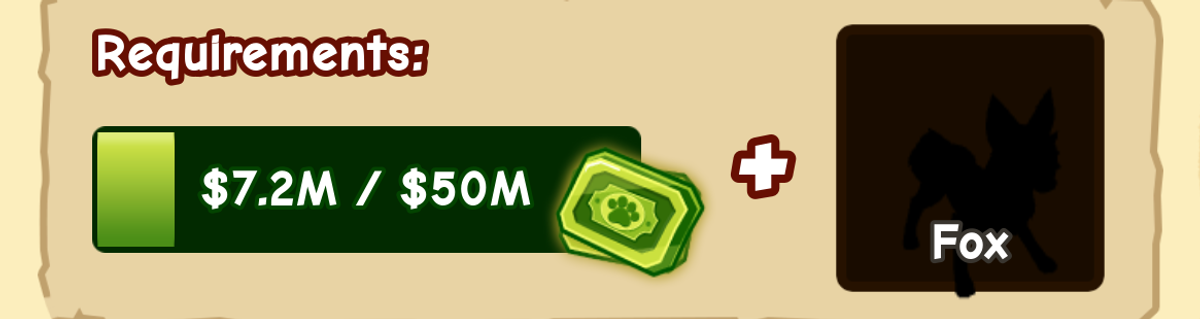 The Requirements row of the same Ride A Pet Roblox Rebirth dialog: a green progress bar reading $7.2M / $50M, a plus sign, and a pet tile labelled Fox showing a fox silhouette