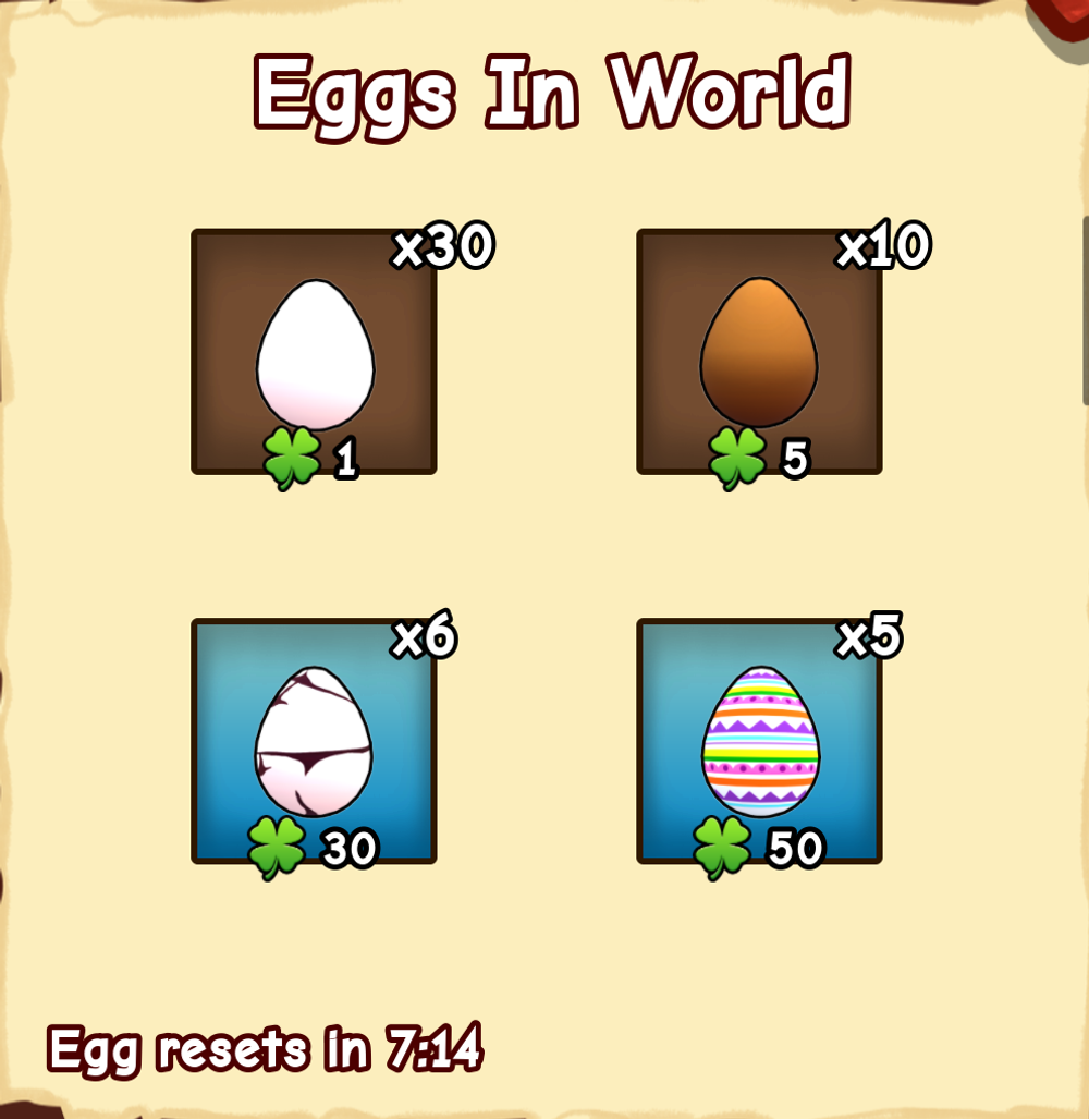 The Track stall's Eggs In World board in Ride A Pet Roblox, listing a white egg at x30 for 1 Clover, a brown egg at x10 for 5 Clovers, a cracked egg at x6 for 30 Clovers and a striped egg at x5 for 50 Clovers, with Egg resets In 7:14 along the bottom